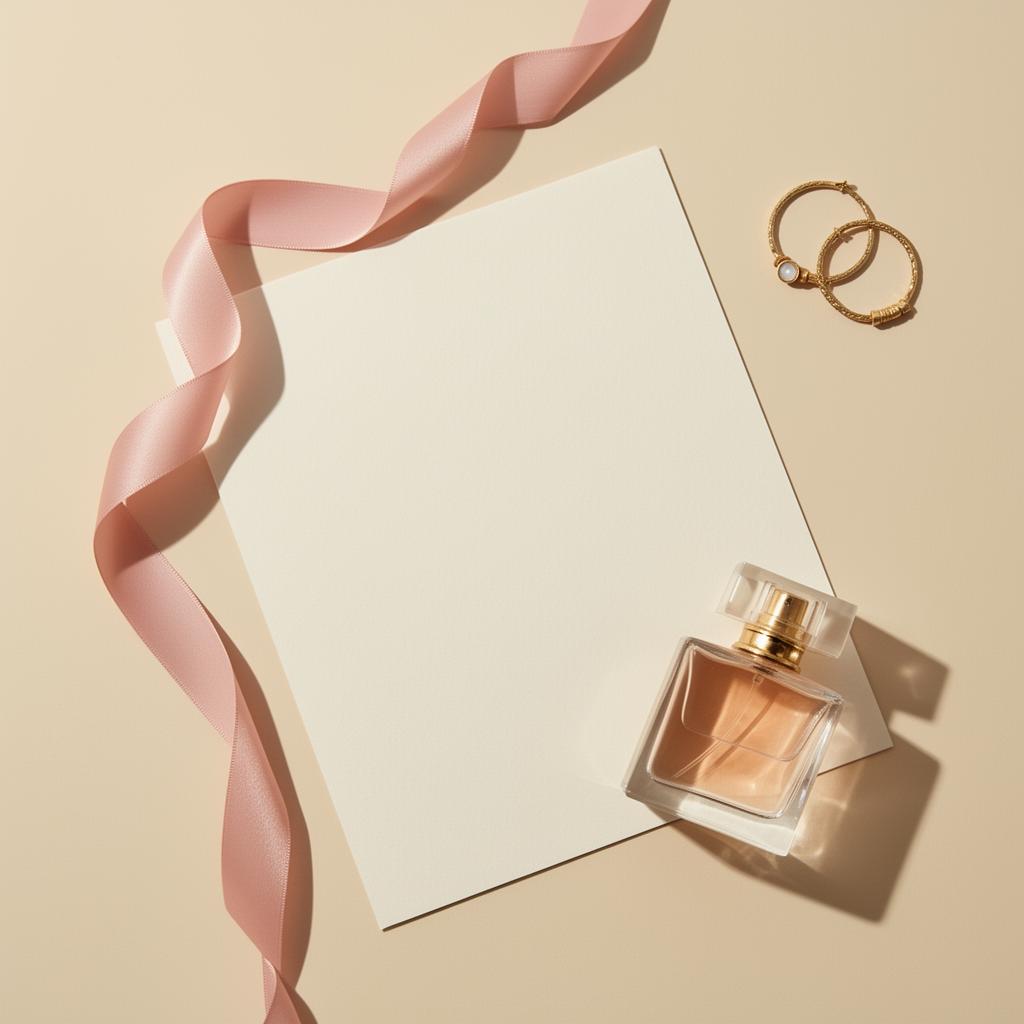 Luxury bonus flatlay with cream paper, blush ribbon, perfume and gold jewelry