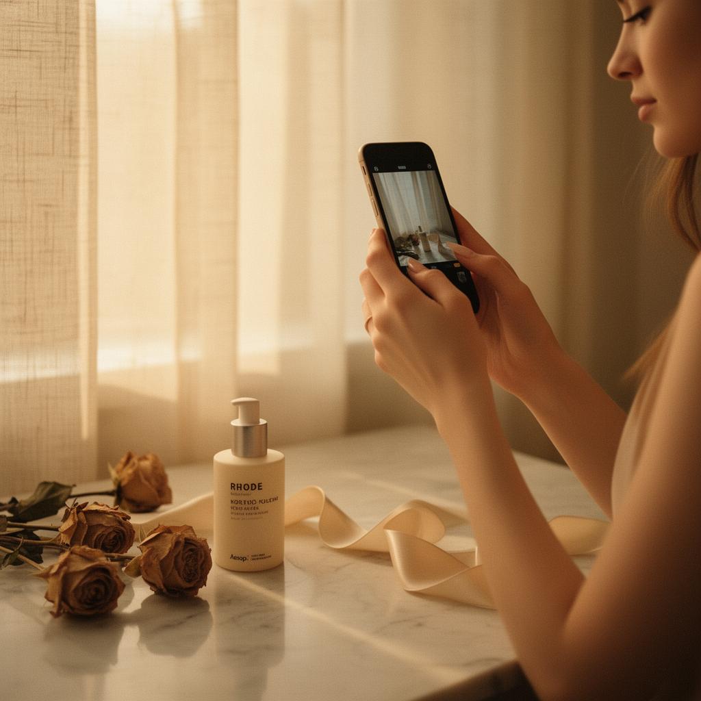 Creator filming a luxury skincare bottle on marble with dried roses