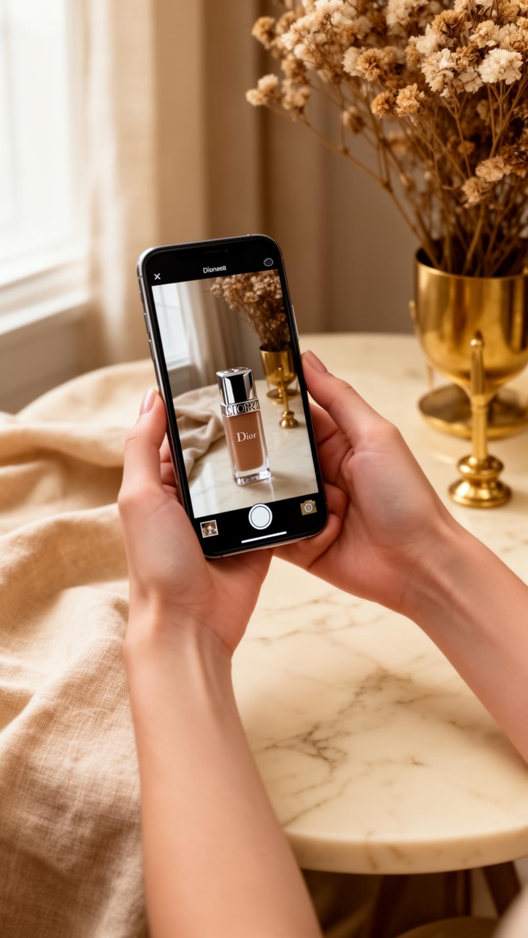 Feminine hands filming a luxury beauty product on cream marble