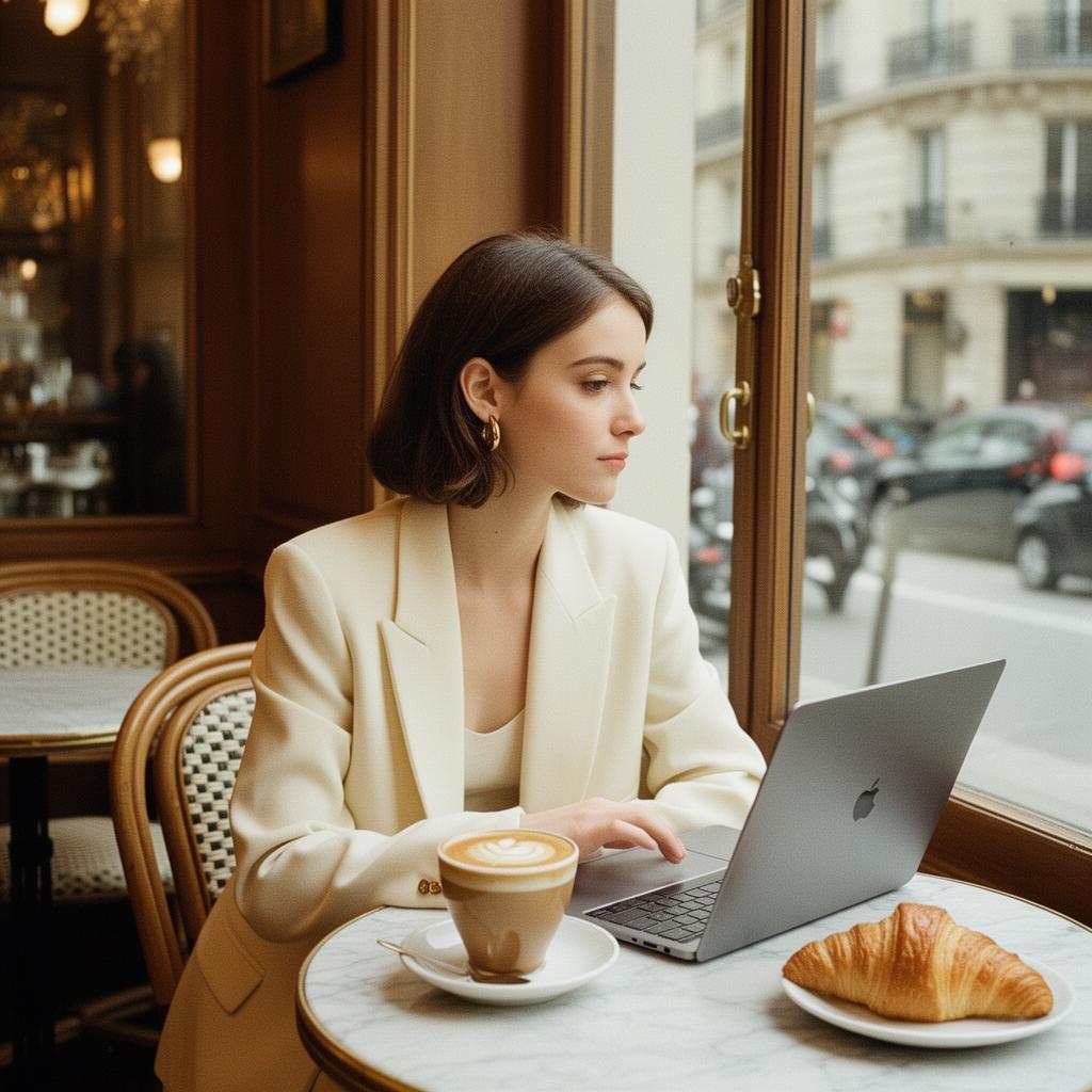 Woman in cream blazer working on her laptop in a Parisian café