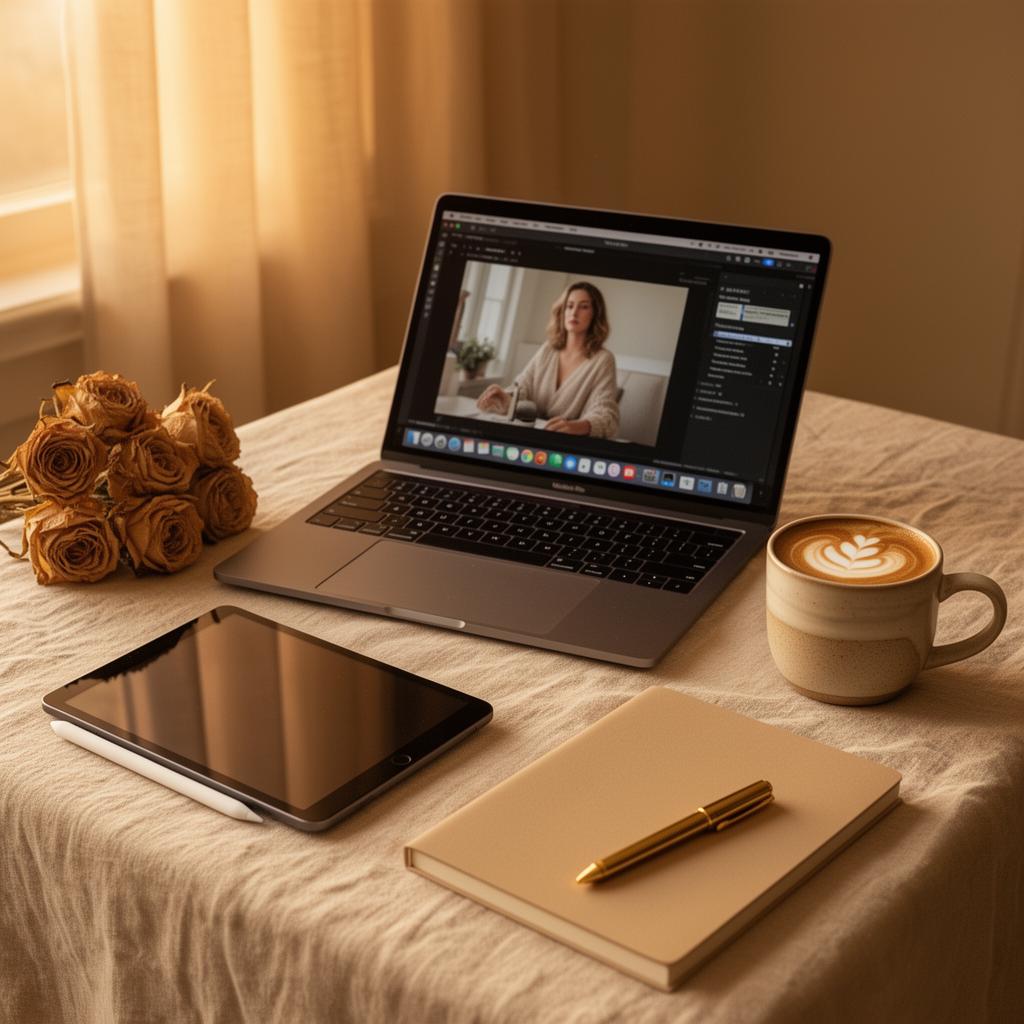 Cozy creator desk with MacBook, iPad, latte and dried roses at golden hour
