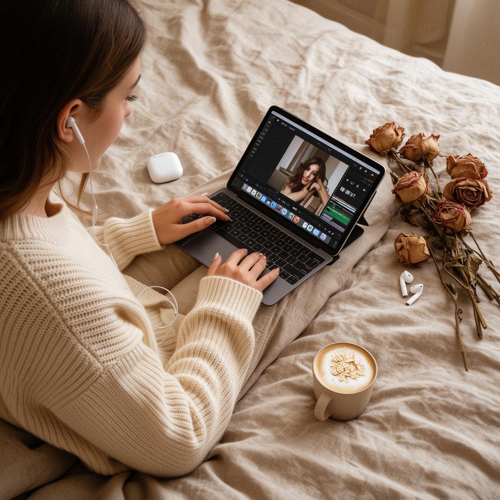 Woman in cream knit editing video on iPad in bed with oat latte and dried roses