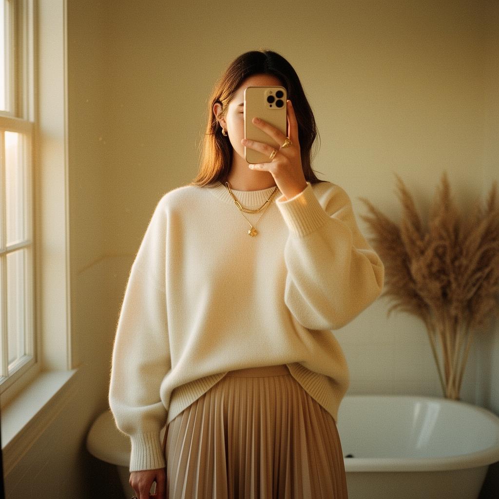 Young woman in cream cashmere taking a mirror selfie with her iPhone