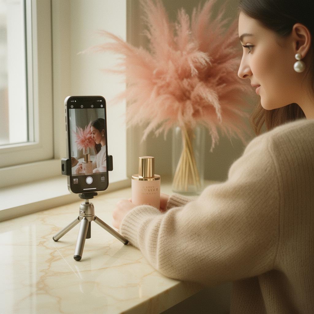 Creator filming a luxury skincare bottle on cream marble with iPhone tripod and pampas grass