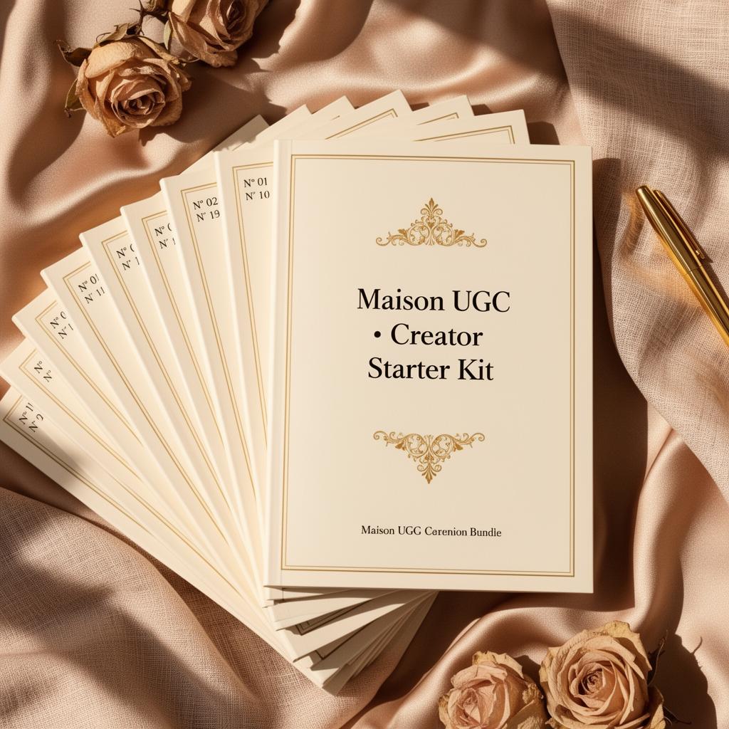 Fanned stack of 11 cream and gold Maison UGC ebook covers on silk