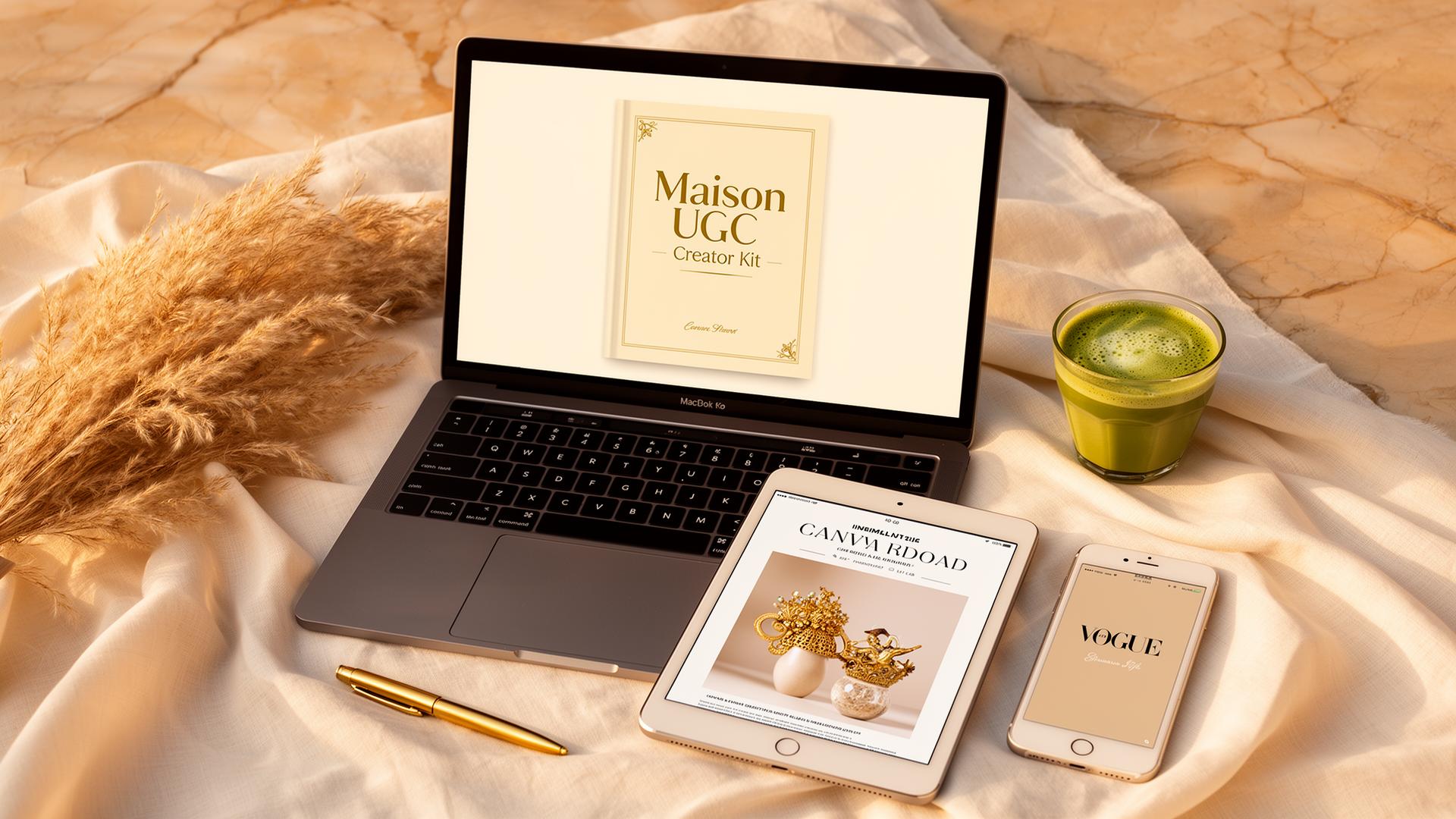 MacBook, iPad and iPhone showing the Maison UGC Creator Kit guides, Canva templates and pricing pages
