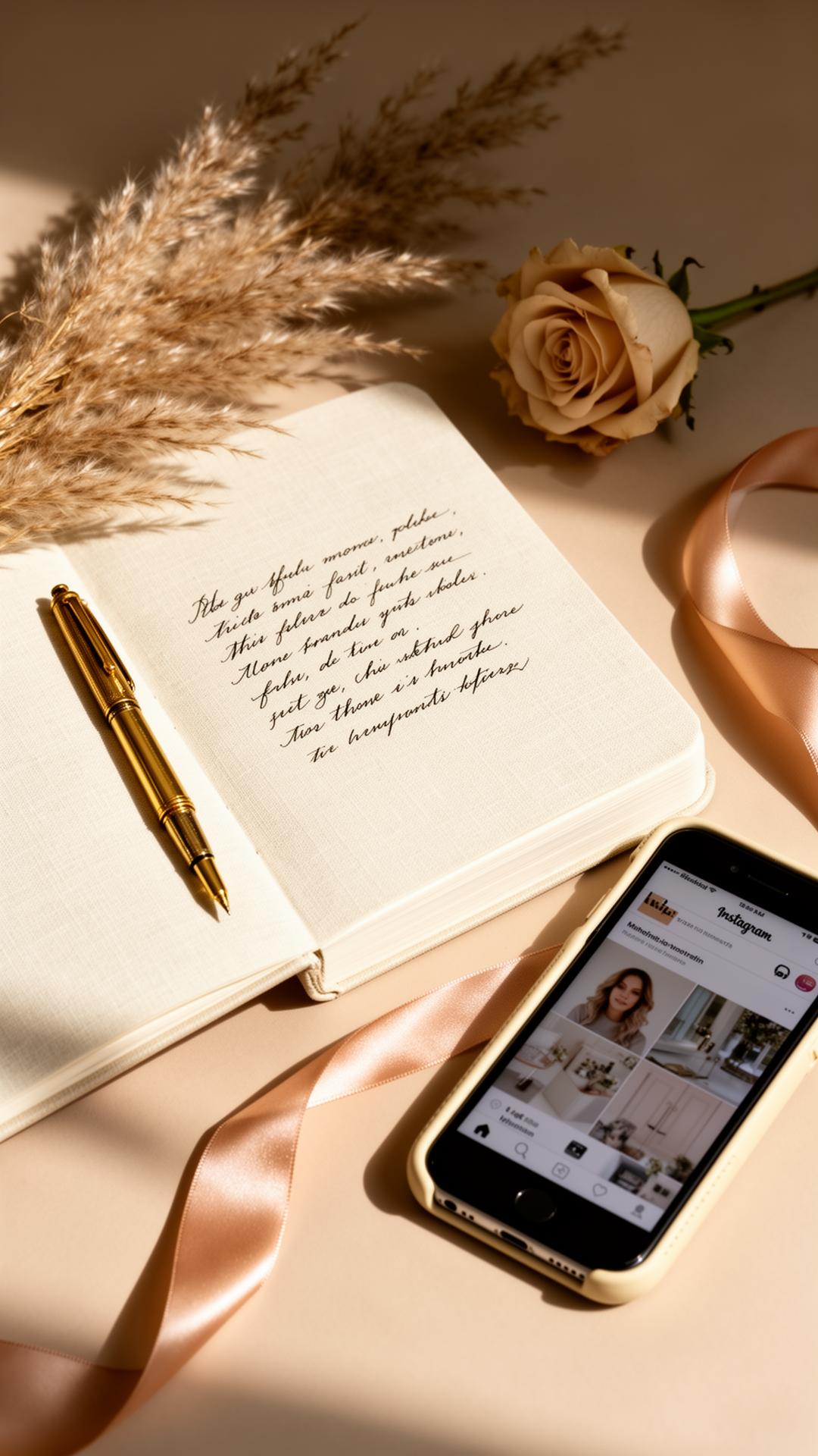 Editorial moodboard — open notebook, gold pen, dried florals and an iPhone in warm beige light