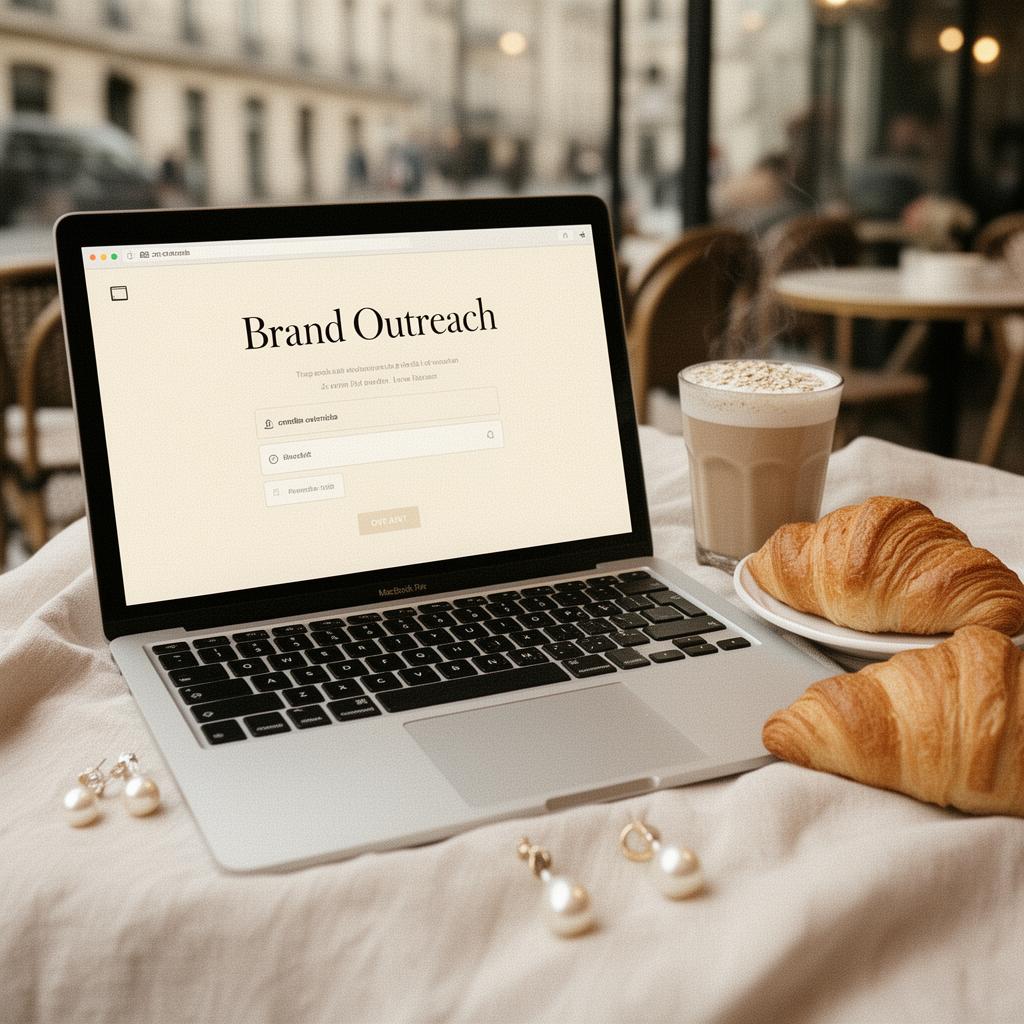MacBook in Parisian café showing a brand outreach email template