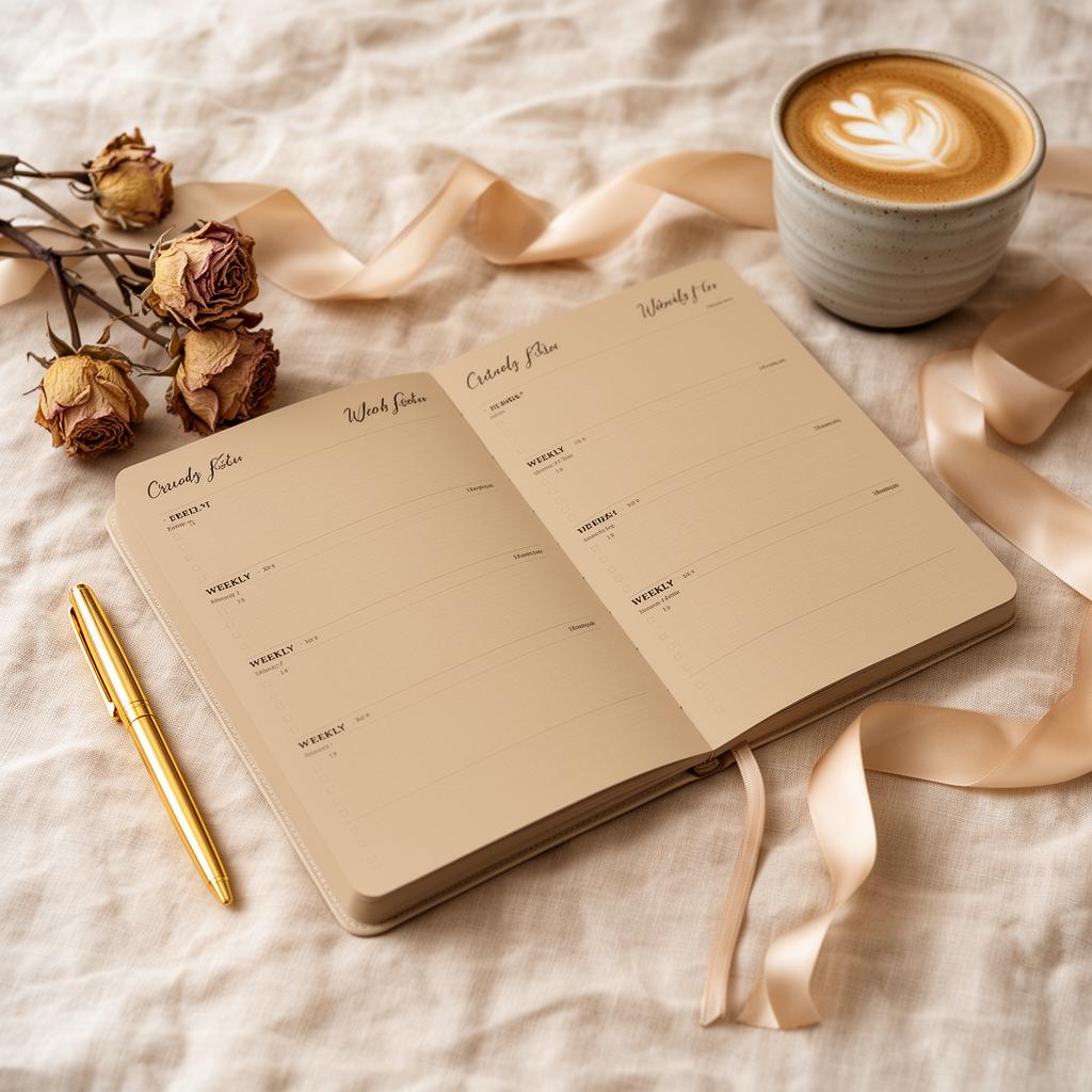 Open beige creator planner with weekly layout, gold pen and dried roses