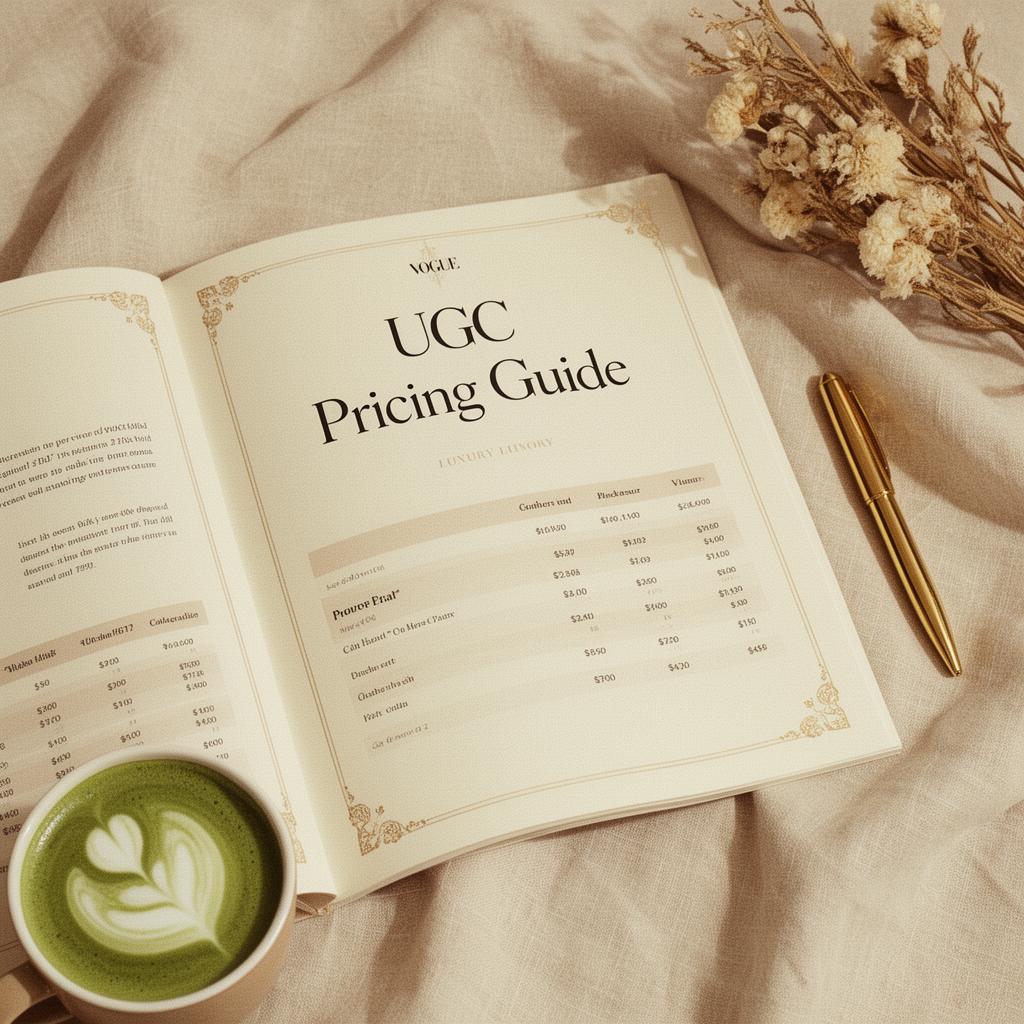 Open UGC Pricing Guide PDF on linen with matcha latte and gold pen